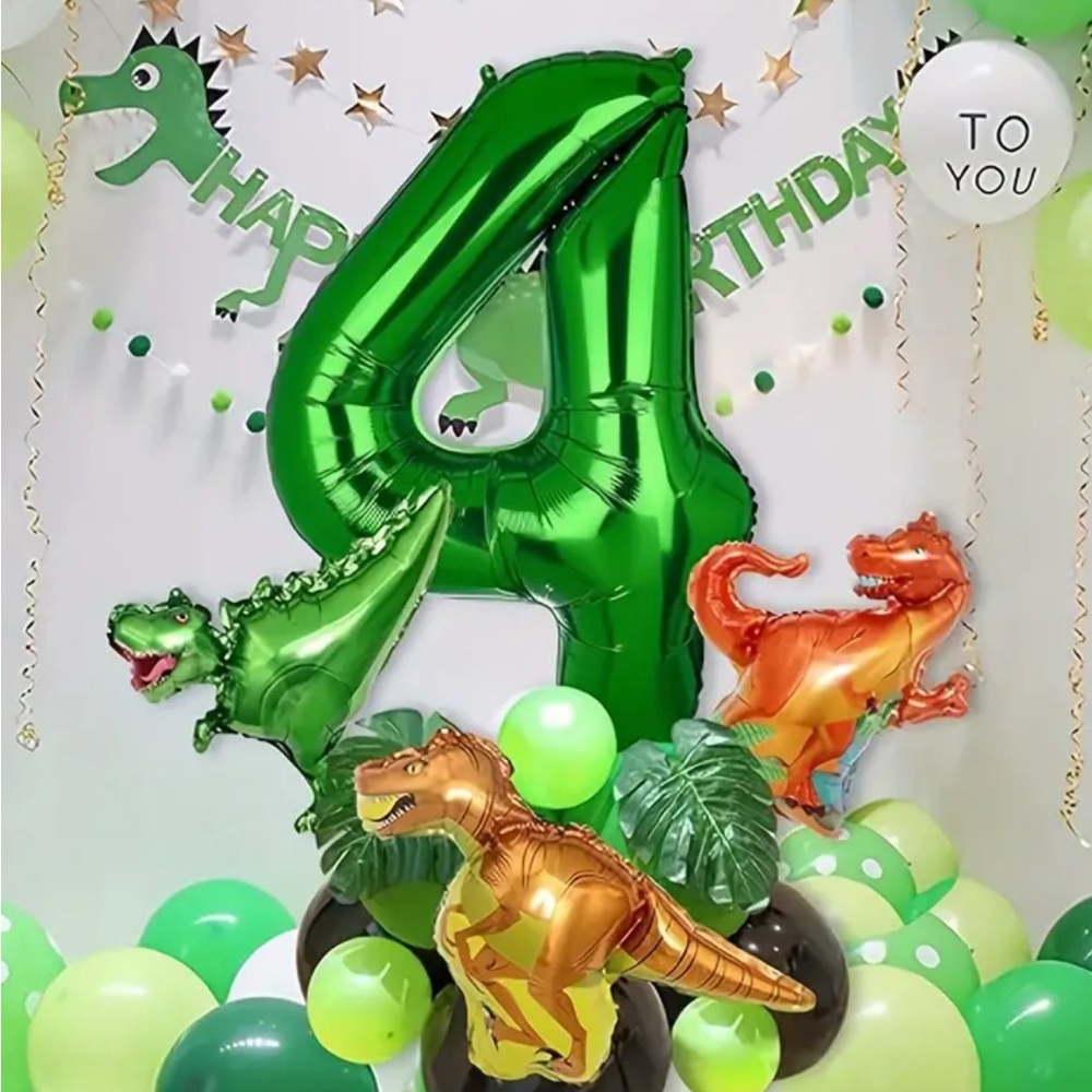 Dinosaur Themed Birthday Party Balloon Set  With A 48 in “4”- Green and Orange
